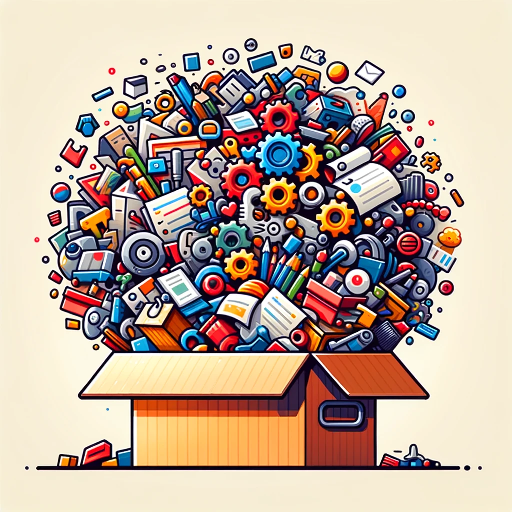 Illustration: an open cardboard box with a jumble of household things spilling out of it