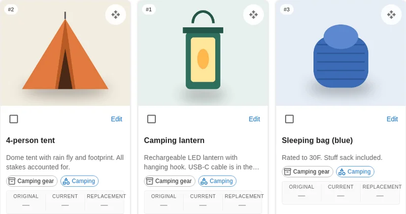 Screenshot with demo data: the "Camping gear" box listing a tent, a lantern and a sleeping bag with their photos